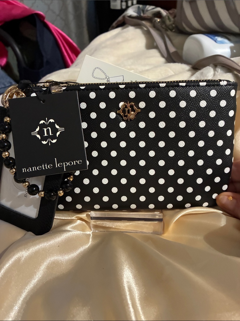Nanette Lepore Black & White Polka Dot Wristlet Bundles with Gold Accent - Picture 1 of 3